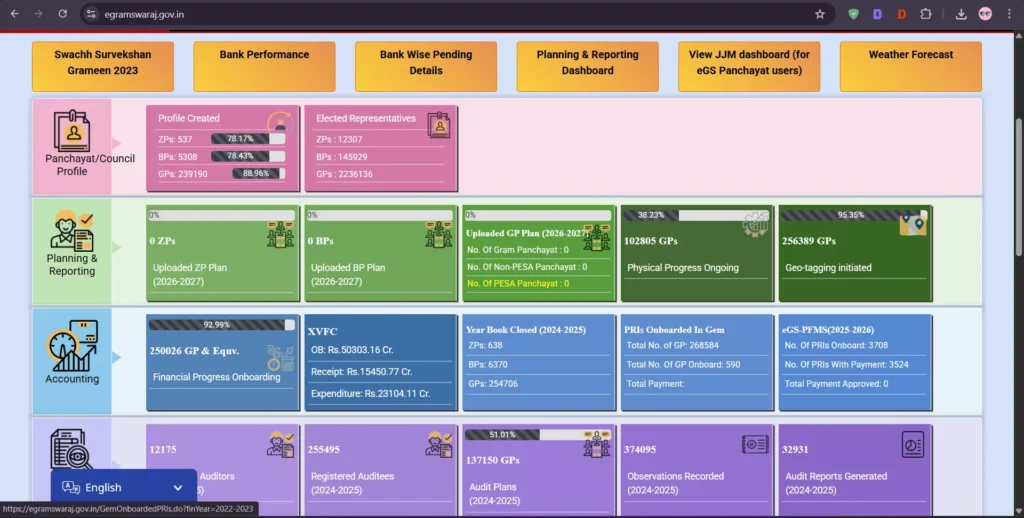 eGramSwaraj payment status page displaying fund release and expenditure details for village panchayats.